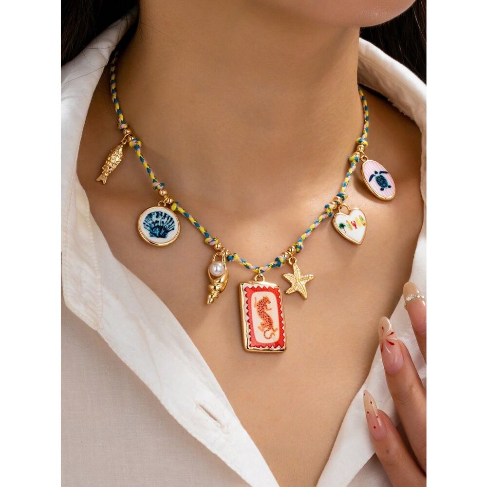 Vintage Style Charm Necklace Beach Shell Starfish Turtle Fish Cute Aesthetic